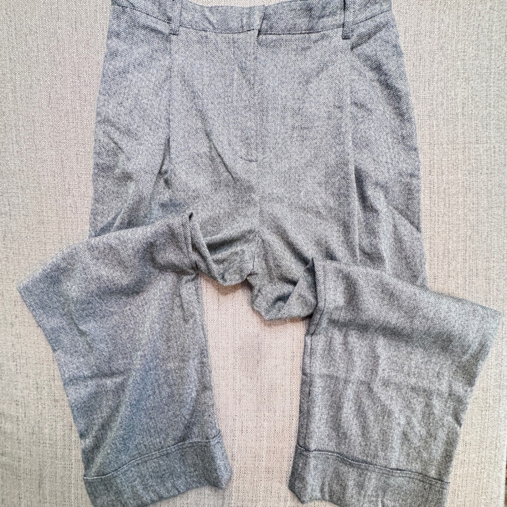 Zara Grey Herringbone Wide Leg Trousers Wool Blend Cuffed XL